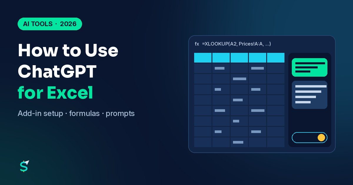 Spreadsheet grid with a chat sidebar on a dark navy background next to the guide title