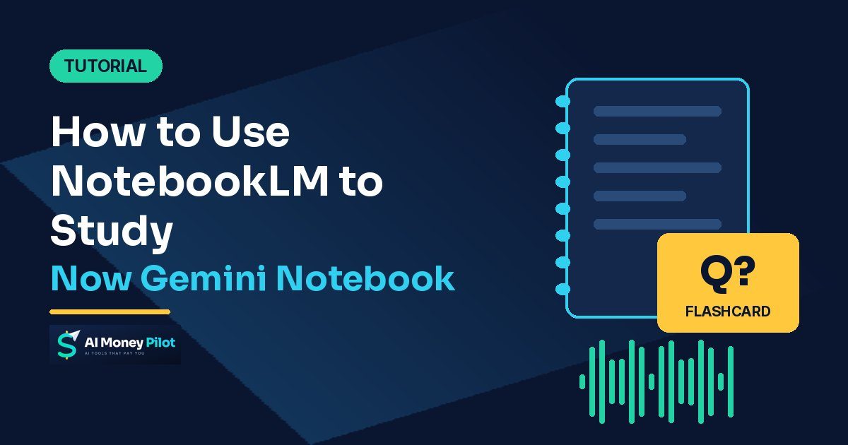 Notebook, flashcard and audio waveform illustrating studying with Gemini Notebook
